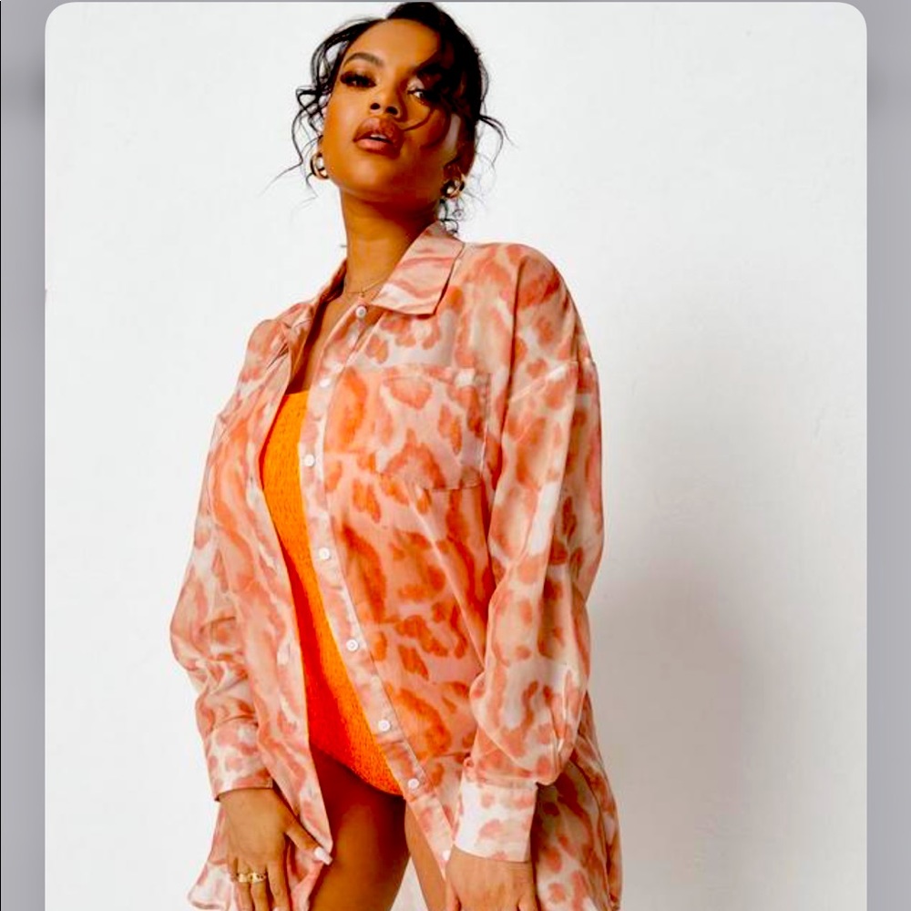 plus size orange leopard print beach coverup shirt